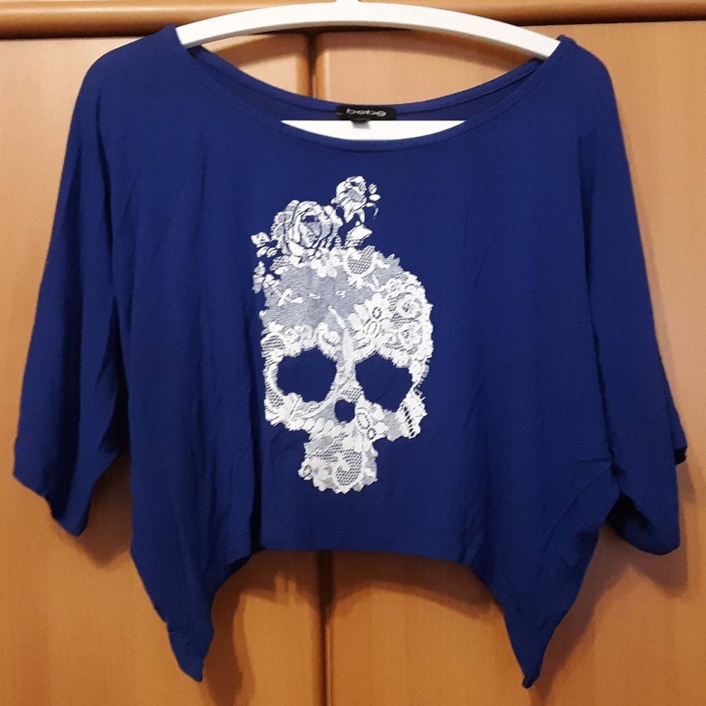 BEBE Blue Crop Top with white lace scull print, Size M/L, used